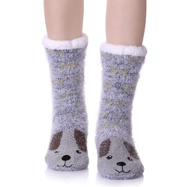 MQELONG Womens Super Soft Cute Cartoon Animal fuzzy Cozy Non-Slip Winter Slipper Socks (Gray Dog) One Size