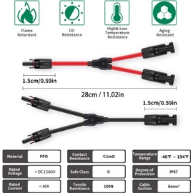 GTIWUNG 2 Pairs Solar Cable Y Splitter Solar Panel Cable MMF+FFM for Parallel Photovoltaic Connection, Solar Panel Plug, Solar Panel Cable Connector 10AWG, Photovoltaic Connector, 2 Red + 2 Black