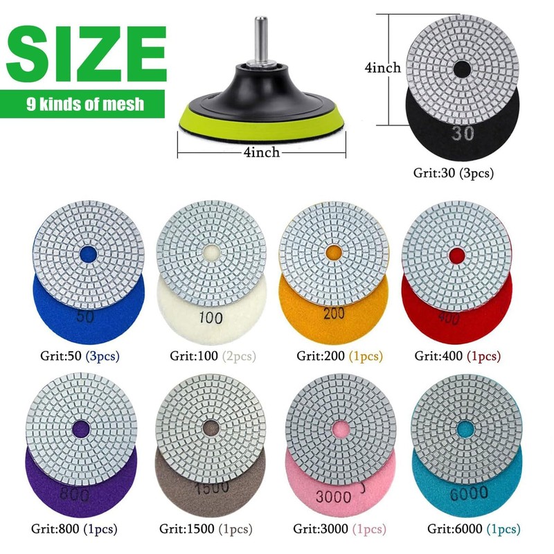 16PCS Wet Dry Diamond Polishing Pad Kit, 4 Inch Diamond