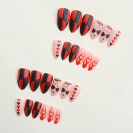SINHOT Valentine's Day Almond Press-On Nails - Stiletto Red Love Heart & Checkerboard with Cherry Design, 24Pcs with Glue