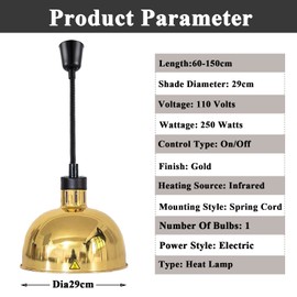 Hanging Food Heat Lamp Infrared Food Warmer Fry Heating Light 250W with Retractable Cord (Dia29cm(Round Gold))