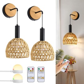 Zlierop Rattan Wall Sconce, Wall Sconces Set of Two Battery Operated with Remote Control, 3 Colors Dimmable,Boho Upgrade Rechargeable Sconces Set of 2 for Bedroom, Living Room, Entryway (Black)