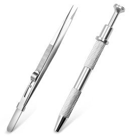 2 PCS Jewelry Tweezer Piercing Kit, Piercing Ball Grabber with 4 Grippers, Stainless Steel Tweezers, Self-Locking Tweezers for Grabbing Small Parts