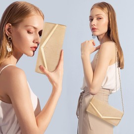 Larcenciel Clutch Gold, Damen Handtasche mit Abnehmbarer Kette, Elegant Wildleder Abendtasche für Braut, Envelope Crossbody Tasche Bedruckte Schultertasche für Hochzeit, Party, Feiertage, 25×11×4cm