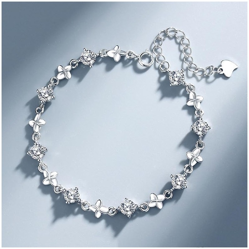 PLGBVAO 925 Sterling Silver Bracelets for Women, Clover Zircon Charm