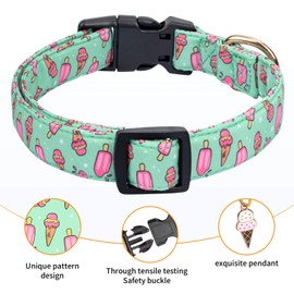 Jelwuion Cotton Dog Collar,Adjustable Cute Puppy Collar with Moon Patterned Design for Small Medium Large Dogs,Soft and Fancy Pet Collar with Safety Buckle for Girl Boy Dogs (Green Ice Cream, Medium)