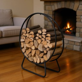 Black Steel Round Firewood Log Holder 24 Inch Indoor Outdoor Metal Wood Storage Rack Modern Fireplace AccessoryColor: Black1