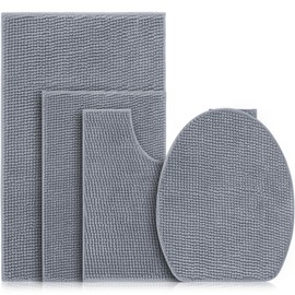 Timgle 4 Pieces Bathroom Rugs Set with Toilet Lid Cover Soft Chenille Bath Mat Set 2 Non Slip Absorbent Bath Rugs U Shaped Toilet Floor Rug for Bathroom Bedroom Kitchen, Machine Washable, Gray