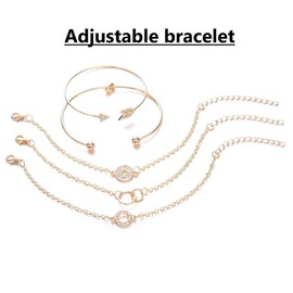 LVGPH 5pcs Simple Round Circle Rhinestone Knotted Open Geometric Chain Bracelet,Women Layered Bracelet Set Multiple Adjustable Open Cuff Bangles Hand Chain Gift for Women Men Him Her（Gold ）