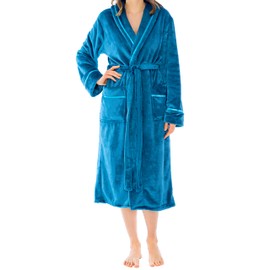 PAVILIA Robes For Women, Fleece Soft Fluffy Bathrobe, Plush Cozy Long Spa Robe, Satin Trim (S/M, Sea Blue)