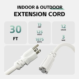 GREATIDE 30 Ft Outdoor Extension Cord - 12/3 SJTW Heavy Duty White Extension Cable with 3 Prong Grounded Plug - Power Cord for Lawn, Garden, Appliances