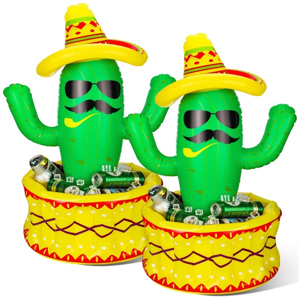 2 Pcs 36" Inflatable Cactus Cooler with Sombrero Hat Fiesta Cinco De Mayo Inflatable Party Cooler Hawaiian Themed Party Supplies for Summer Birthday Swimming Pool Mexican Theme Luau Party Decorations