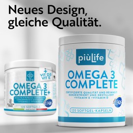 Omega 3 IFOS 5 Star Certified with Vitamin D3 and E PiùLife - 120 Softgel - Fish Oil EPA DHA 800 mg & 400 mg per Daily Dose - Fish Oil Omega 3 Capsules High Dose - Heart, Brain, Eyes, Bones