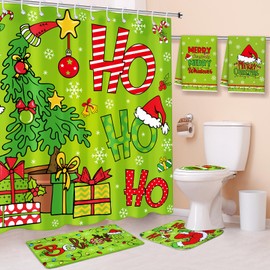 HunnmingRe 6 Pcs Christmas Shower Curtain Sets Christmas Bathroom Set with Waterproof Shower Curtain Toilet Lid Cover Bathroom Towels Non Slip Bathroom Mat Winter Xmas Bathroom Decor(Ho Ho Ho)