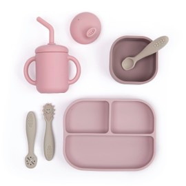 Bella Tunno Little Bites Bundle – Baby Feeding Set and Baby Led Weaning Supplies with 1 Baby Bowl, 1 Baby Plate, 3 Baby Utensils, 1 Cup, 2 Lids, 100% Food-Grade Silicone (Magic Meadow)