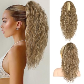 RONTAYA Ponytail Extension, 18 Inch Multi Layered Fluffy Thick Wavy Curly Clip in Hair Extensions Ponytail Soft Wave Synthetic Hairpiece Medium Brown Ash Blonde Highlights
