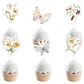 Jollyboom 24Pcs Wildflower Cupcake Toppers, Boho Wildflower Baby Shower Decoration Double-sided Cupcake Toppers for Girl Butterfly Flower Floral Birthday Decoration