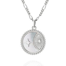 STARepublic 925 Sterling Silver 14K Gold Plated Bohemia Solar Crescent Mother of Pearl Pendant Necklace (Silver)
