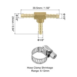 sourcing map 2pcs Brass Tee Barb Fittings, 3-Ways Tee 1/8" x 1/8" x 1/8" Barbed Hose Reducer, Tee Brass Barb Fitting Reducer with 6pcs Hose Clamps for Water Fuel Air