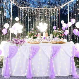 14ft Purple Table Skirt with Lights Tulle Tutu Table Coths for Parties Baby Shower Girl Butterfly Elephant Birthday Wedding Dessert Banquet Table Decorations