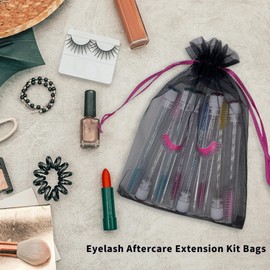 Jexila 100 Pack Eyelash Aftercare Bags Black Mesh Bags Drawstring Makeup Bags Eye Lash Print Beauty Gift Bag Cosmetic Lash Bags for Clients Women Girls(Black Plus Pink,4 x 6 Inch)
