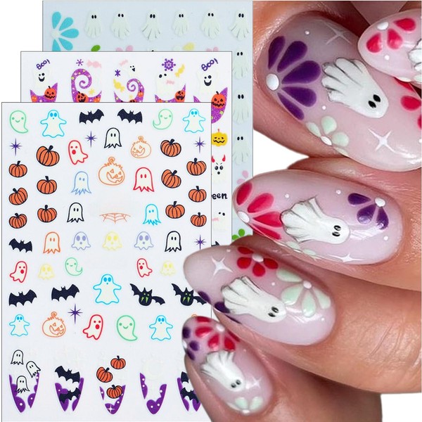 3 Sheets Halloween Nail Stickers White Ghost Pumpkin Bat Flower