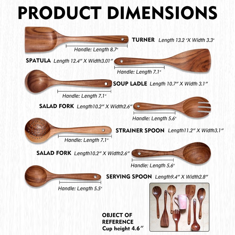 Wooden Non-Stick Kitchen Pan Toolset 7 Pieces Set,100% Natural Teak