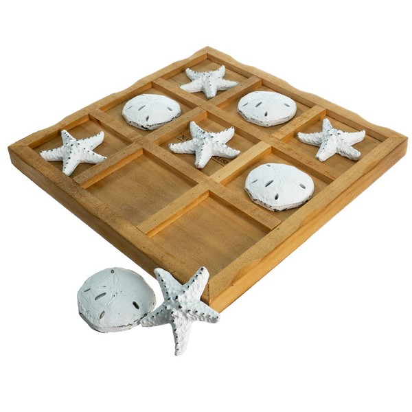 Table Top Tic-Tac-Toe Board Game | 9" x 9" Wood Board Game with Resin Starfish and Sand Dollars | Perfect for Beach Décor | Plus Free Nautical eBook by Joseph Rains