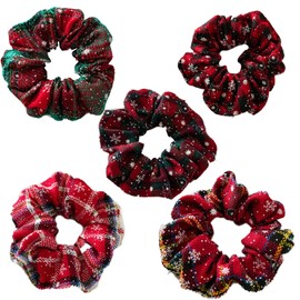 Christmas Scrunchies for Women - 5Pcs Red Green Plaid Christmas Hair Scrunchies for Hair Winter Snowflake Checkered Hair Elastics Ties Ponytail Holder Christmas Hair Accessories for Women Girls Gifts