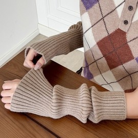 Korean Style Slouchy Knit Arm Warmers with Thumbholes - Autumn/Winter Warm & Thick Windproof Sleeves Apricot + One Size 10ea