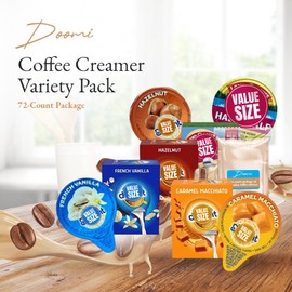 Coffee Creamer Liquid Singles International Delight Caramel Macchiato, French Vanilla, Hazelnut and Land O'Lakes Mini Moo's Half and Half Creamer Variety Pack Plus Doomi Wooden Stirrers (72 Pack), 4 Flavor Assortment Coffee Creamer Singles for Home, Office, Coffee, Bar, Gift