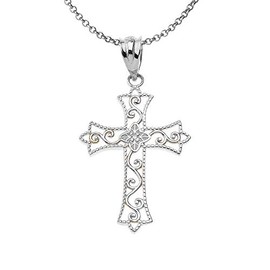 925 Sterling Silver Diamond Filigree Holy Cross Pendant With 22 Inch Chain