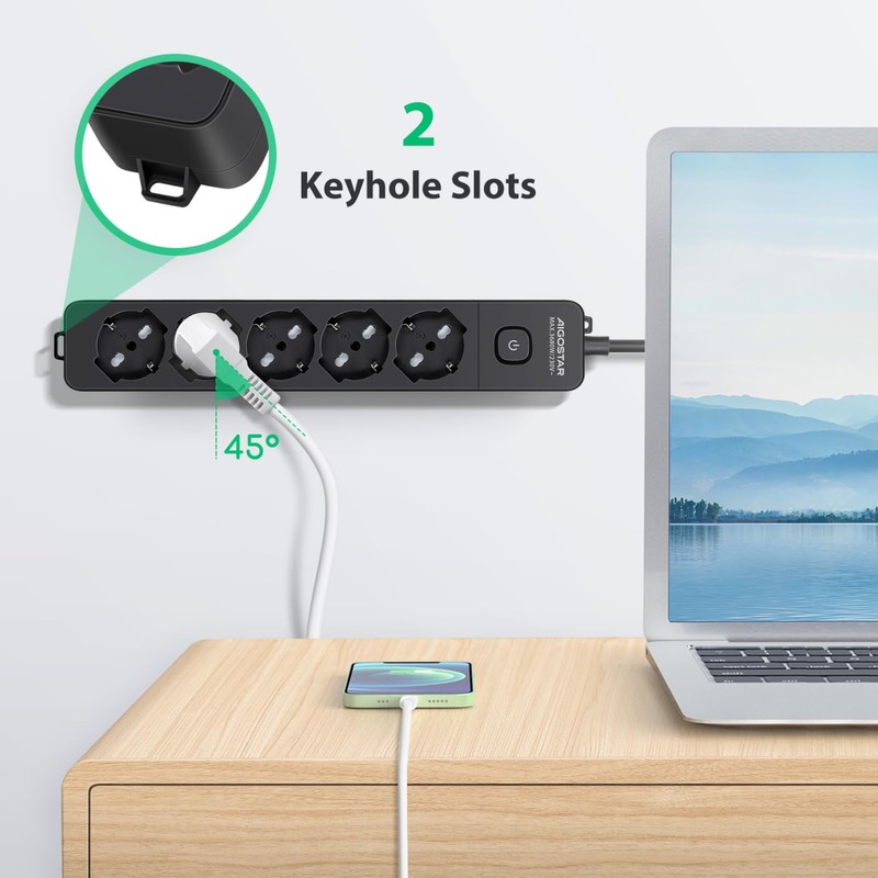 Aigostar 5 Way Power Strip with Switch 250V/3680W 5m Cable