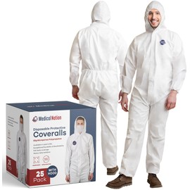 Medical Nation Hazmat Suits | 25 Pack, Medium | Disposable Protective Coveralls, Heavy Duty Full Body Painters Suit for Men & Women with Hood, Sleeves, Zipper - Breathable & Water Resistant - Medium