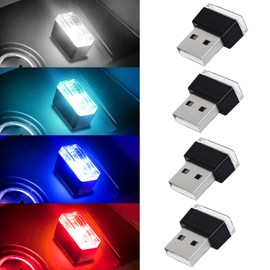 Hbxdeco 4 PCS USB LED Car Interior Atmosphere Lamp, Portable Mini Auto LED Decor Night Light, Plug-in USB Interface Ambient Lighting Kit, Universal Car Interior Accessories(White+Blue+Red+Ice Blue)