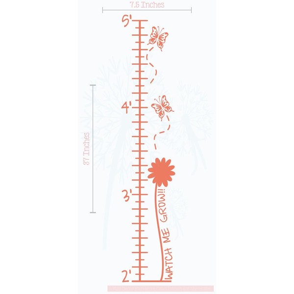 Butterflies and Flowers Growth Chart Vinyl Decals Girls Room Decor 7.5x37-Inch Coral