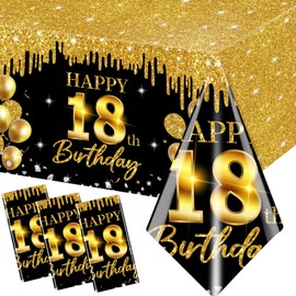 CMUSKO 3Pcs 18th Birthday Tablecloth Black and Gold Birthday Decorations Happy 18th Birthday Table Cover, Time to Adult 18th Birthday Tablecloth for Boys Girls 18th Birthday Party Supplies