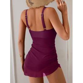 B2prity Women's Mesh One Piece Swimdress Swimsuit Tummy Control V Neck U Ring Bathing Suit Drawstring Sarong Swimwear Wine Red