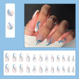 French Tip Press on Nails Almond Medium Fake Nails French Blue Line False Nails Glue on Nails Glossy Acrylic Nails for Women Nude Artificial Nails 24 Pcs