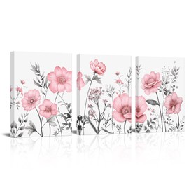 sechars Yellow Flower Canvas Wall Art Vintage Floral Painting Pictures Decor Modern Pink and Grey Bedroom Bathroom Decoration (Pink)