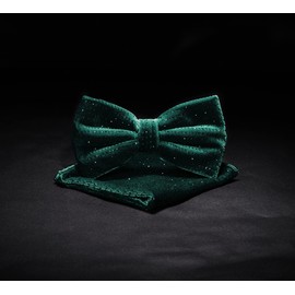 TIE G Men's Glitter Velvet Bow Tie + Pocket Square Set in Gift Box for Wedding, Party : Glittering Effects, Unisex Design, Galaxy Hunter Green, reg