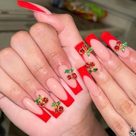 French Tip Press on Nails Long Square False Nails Tube Shape Pink to Red Acrylic Nails with Cubic Ruby Cherry Designs Flash Glue on Nails Fake Nails Press Ons for Women and Girls 24pcs from QQPPOLIU