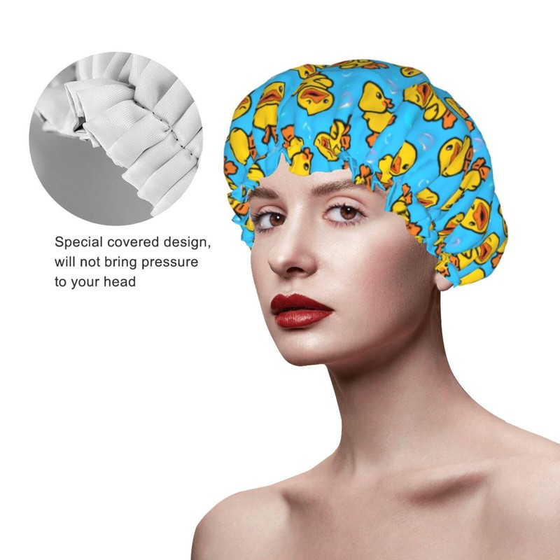 Yellow Rubber Duck Shower Cap For Women Adjustable Double Waterproof