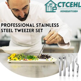 Cooking Tongs, Kitchen Tweezers, Stainless Steel, Bone Tongs for Fish, Stainless Steel Tongs, Barbecue Tongs, for Decorating Food, Cooking, Baking (Pack of 5)