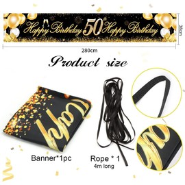 Bluelves 50th Birthday Banner, 50th Birthday Decoration, Black Gold, 50th Background Banner Birthday, Decoration for 50th Birthday, with 4m Rope, for Birthday Party Decoration