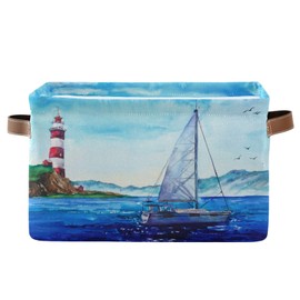 AUUXVA - Cesta de almacenamiento de acuarela, faro de mar, velero, caja de cubeta de almacenamiento, lona duradera, plegable, cesta organizadora de juguetes con asas para estantería, clóset, recámara,