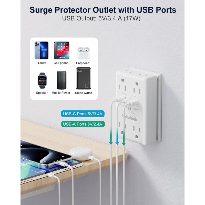 kakahigh Wall Outlet Extender with Screw 8 Way Outlets with