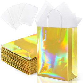 MIMIND 24 Pack Iridescent Paper Gift Bags with Handles Holographic Party Favor Bags with Tissue Paper 8.7 x 6.3 x 3.1 Inch Glitter Gold Foil Goodie Candy Bag for Wedding Baby Shower Birthday Party