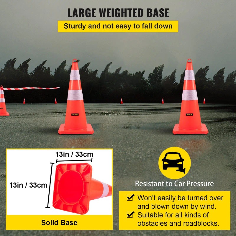28 In Orange Traffic Cones With Reflective Collars Weighted Base