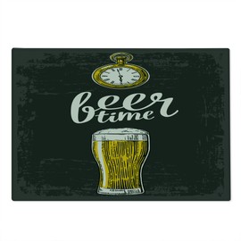 Ambesonne Modern Cutting Board, Beer Time Typography with Glass and Old Antique Lifestyle Illustration, Decorative Tempered Glass Cutting and Serving Board, Large Size, Dark Green Yellow Cream